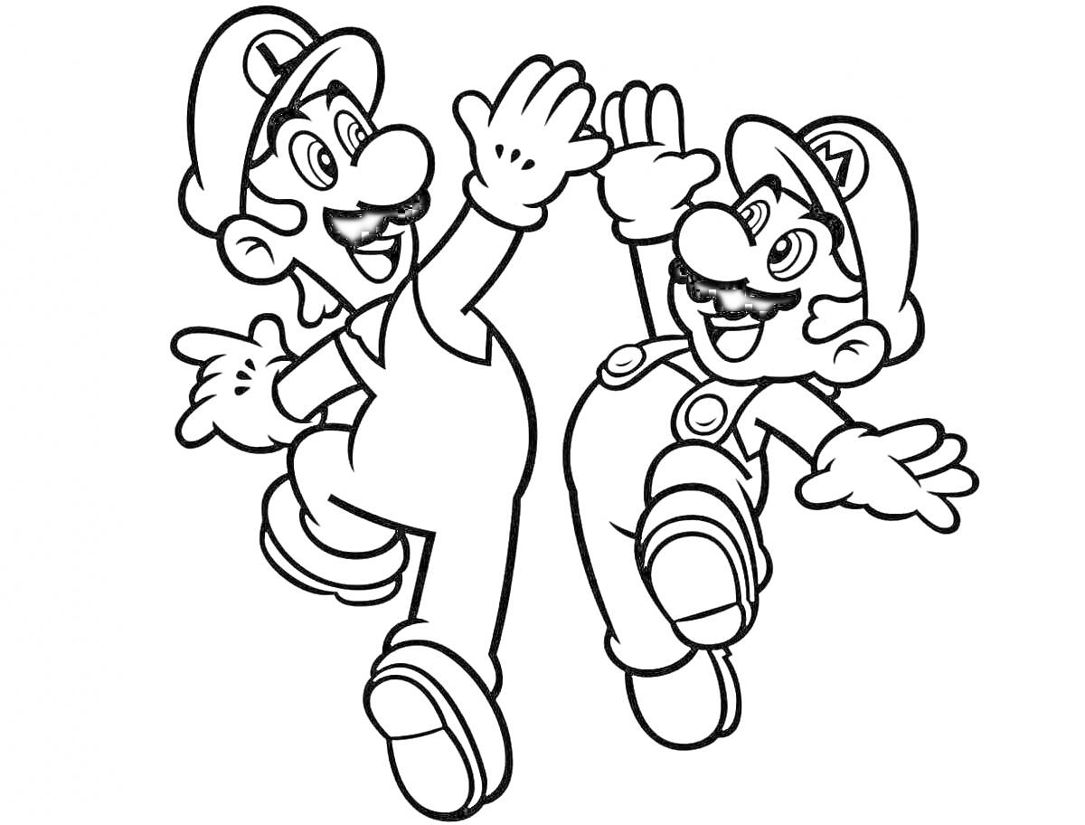 Раскраска Два персонажа в кепках и комбинезонах делают хай-файв