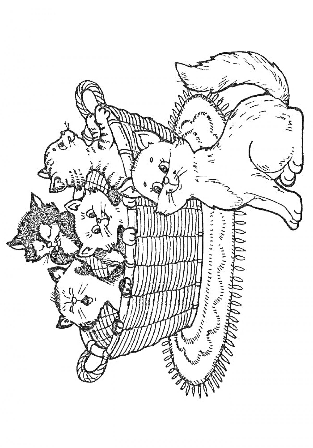 Раскраска Котята в корзинке на коврике