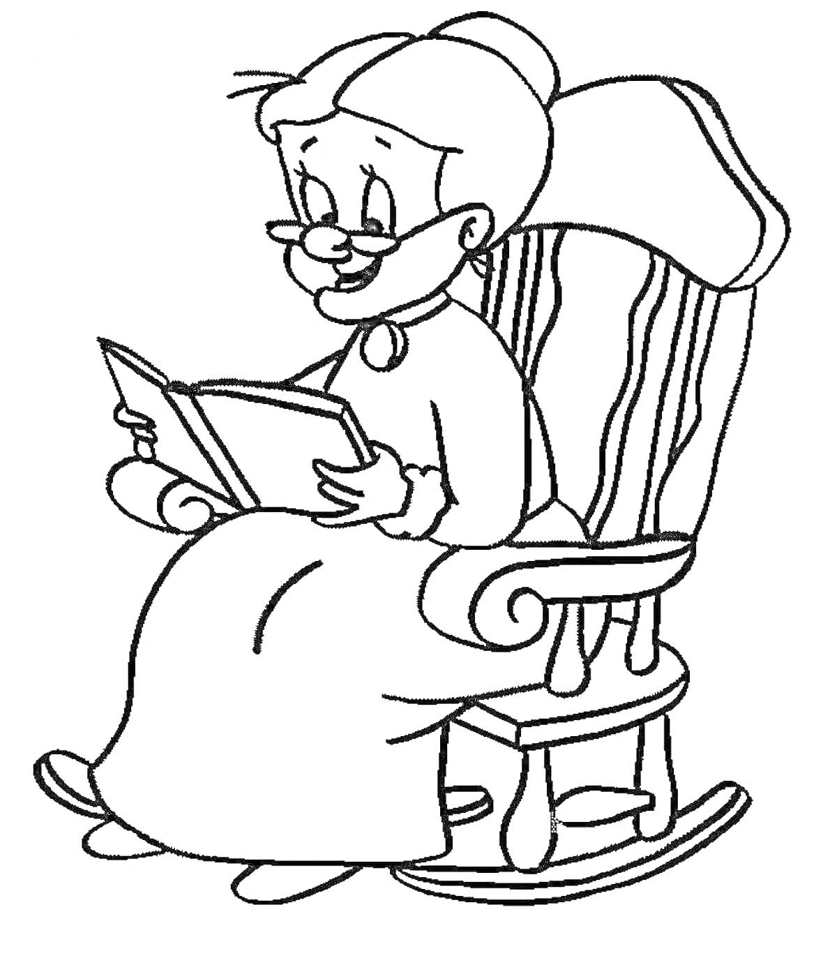 На раскраске изображено: Бабушка, Женщина, Кресло-качалка, Книга, Очки, Чтение, Пожилая женщина