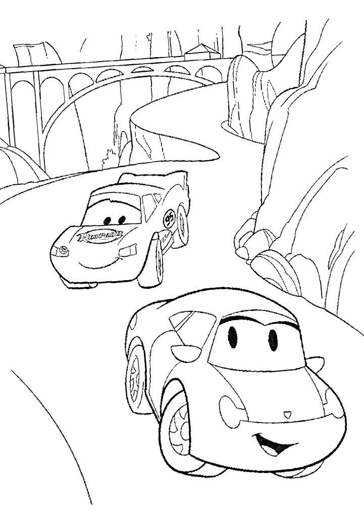 Раскраска Две машины с глазами на извилистой дороге с мостом на заднем плане