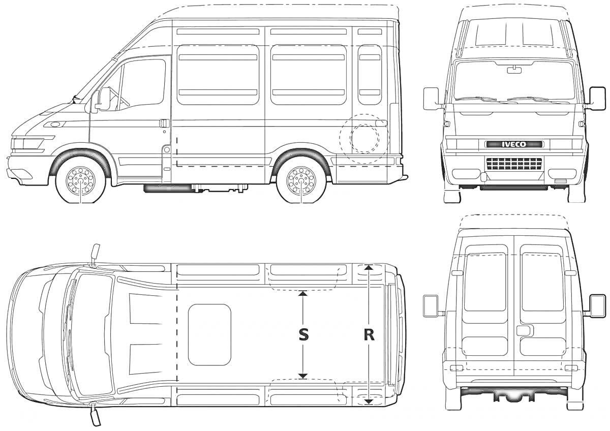 Раскраска Чертежи различных видов Ford Transit: вид сбоку, вид спереди, вид сверху и вид сзади