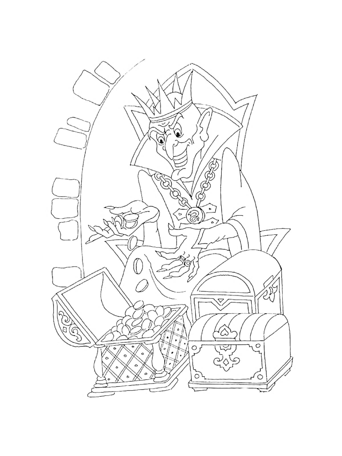 Раскраска Кощей Бессмертный с короной и сундуками, полными сокровищ, в замке
