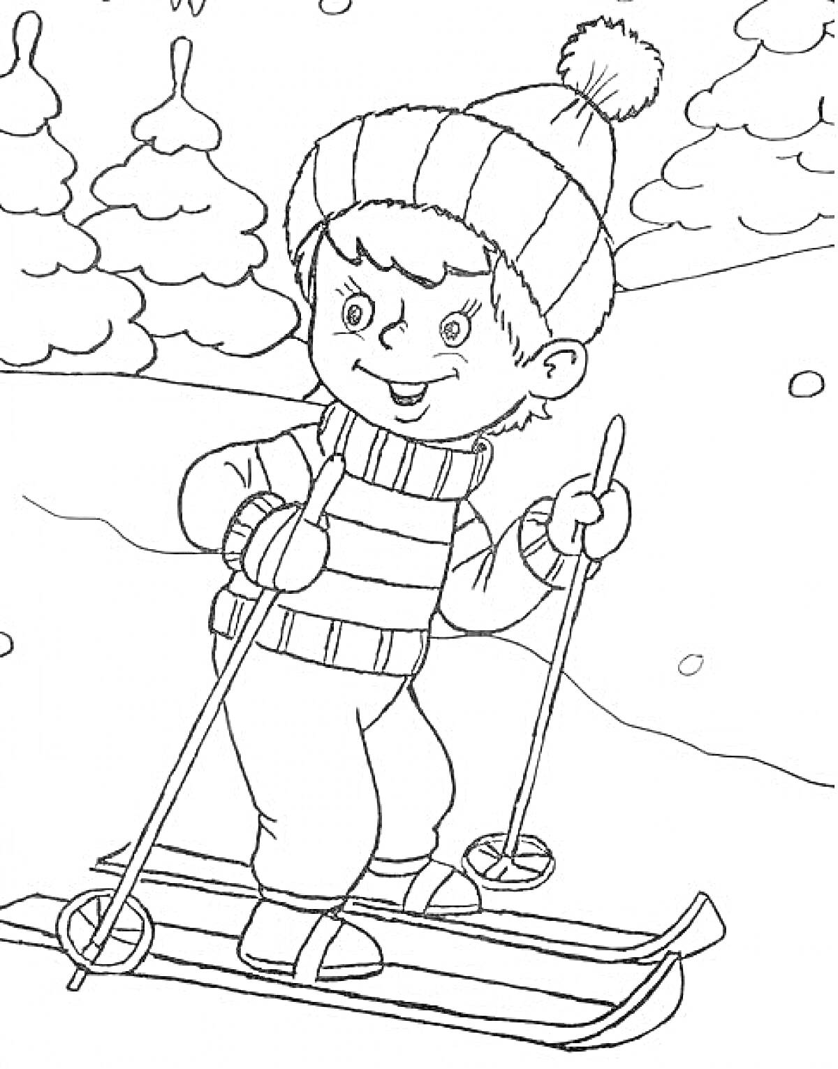 На раскраске изображено: Лыжник, Мальчик, Лыжи, Палки, Зимняя одежда, Шапка, Снег, Зима, Спорт