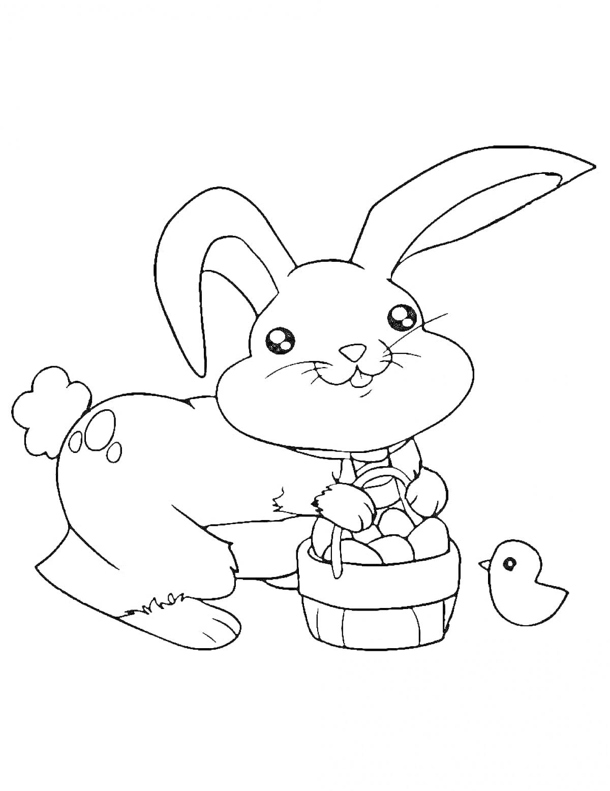 На раскраске изображено: Кролик, Корзина, Яйца, Птенец, Пасха, Год кролика