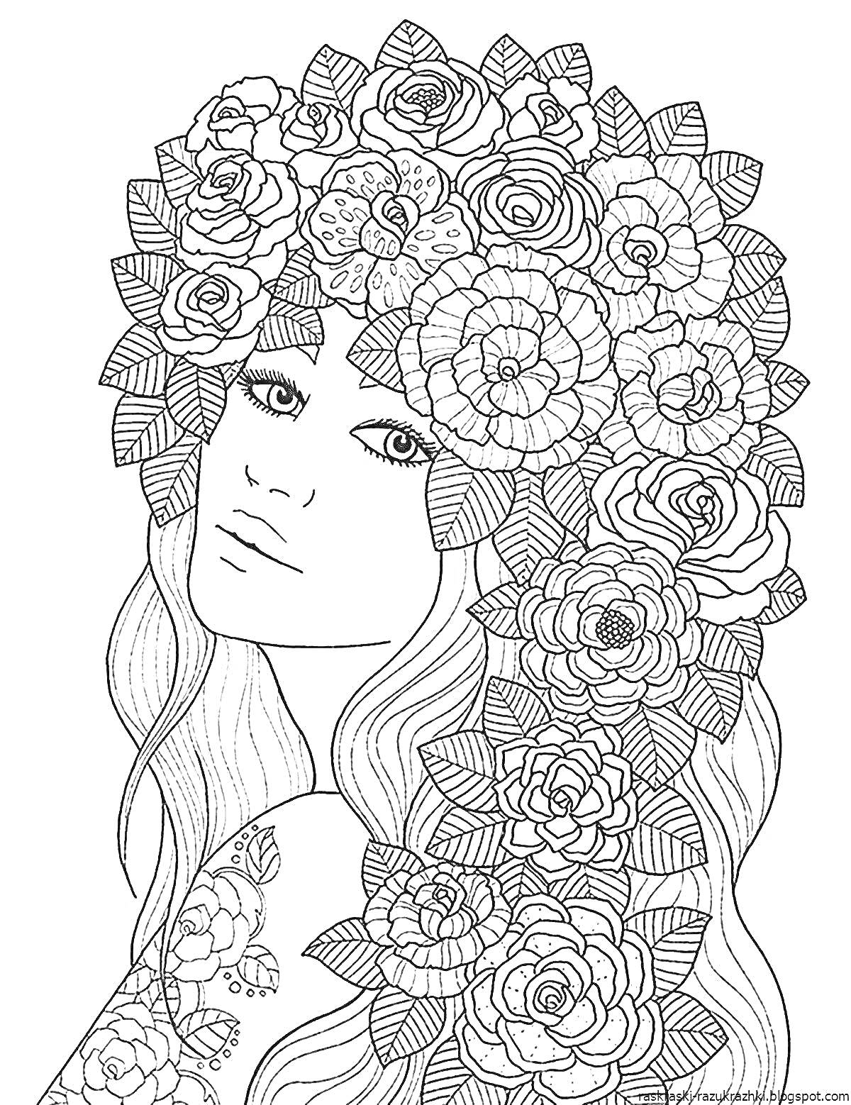 На раскраске изображено: Лицо, Длинные волосы, Венок, Цветы, Сложные линии