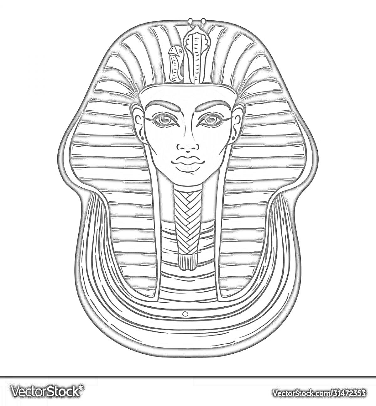 Раскраска Маска фараона Тутанхамона с полосатым головным убором, змейкой на лбу и украшениями