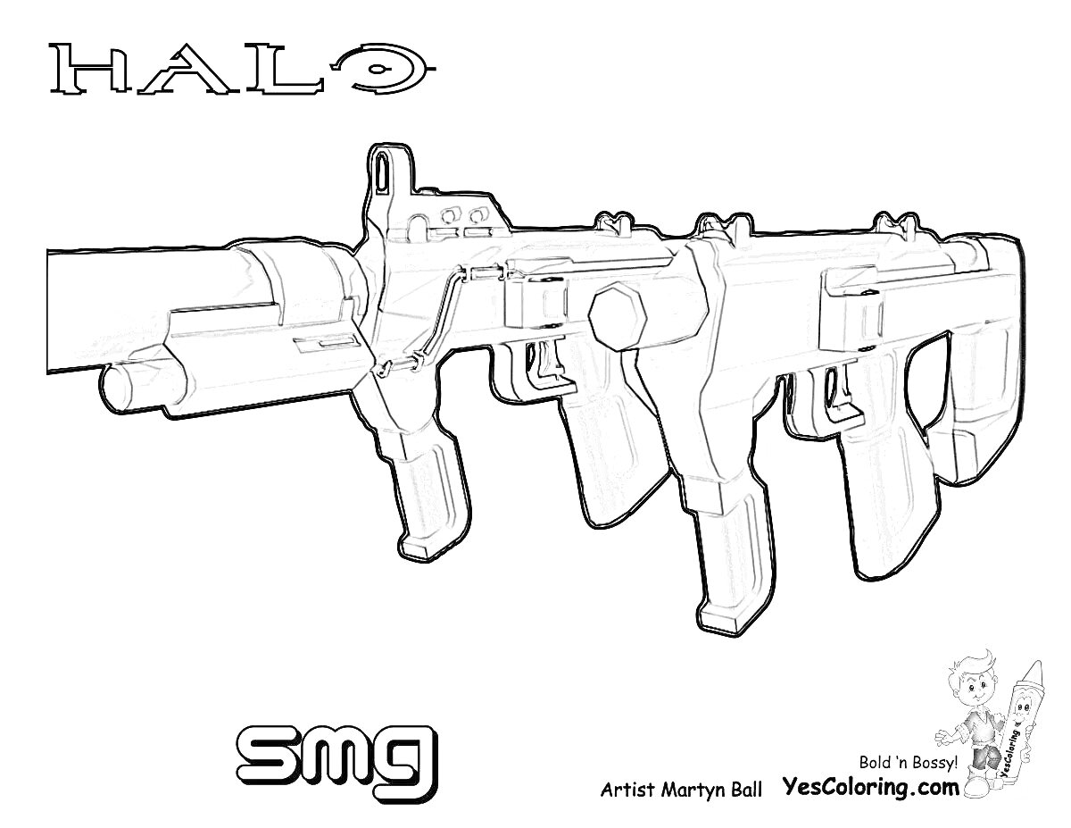 На раскраске изображено: HALO, Оружие, Автомат, Игра, Шутер, Стрелялка