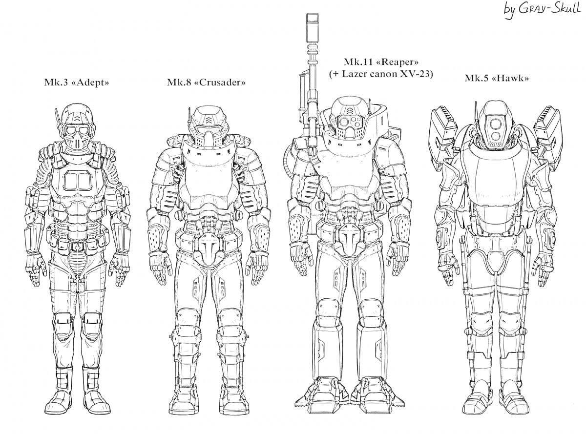 Раскраска Фоллаут 4: Силовая броня Mk.I-Adept, Mk.I-Crusader, Mk.II-Reaper с лазерной винтовкой XV-230, Mk.5 Havoc