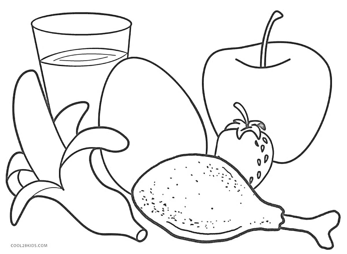 Раскраска Стакан с напитком, два яйца, банан, куриная ножка, клубника, яблоко