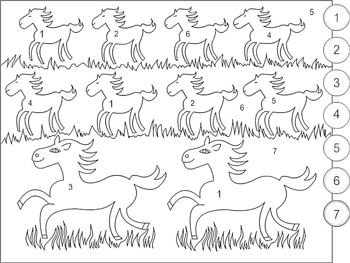 Раскраска Лошади на лугу с пронумерованными областями для раскрашивания