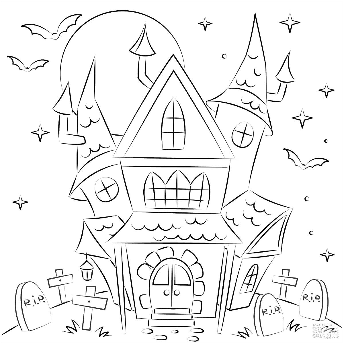 Раскраска Дом Хэллоуин с летучими мышами, луной, звездами и могилами