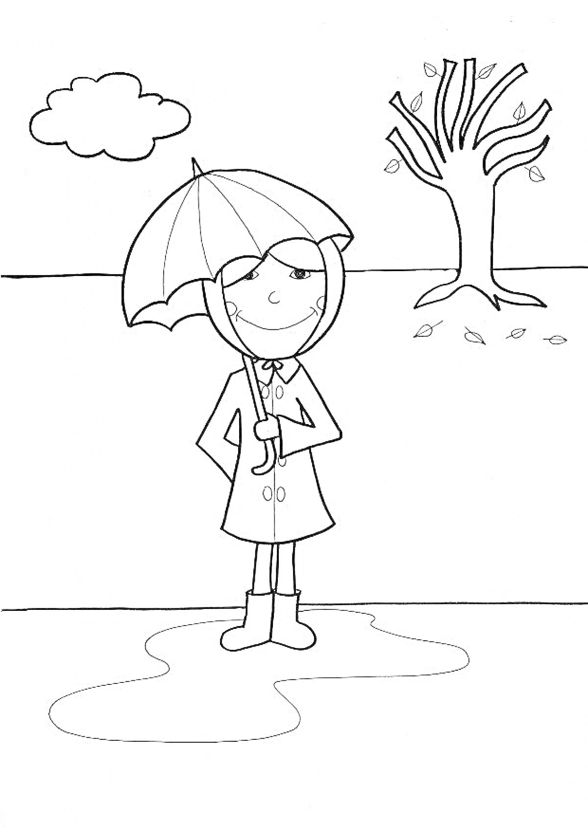 Раскраска Девочка с зонтом осенью рядом с деревом и лужей