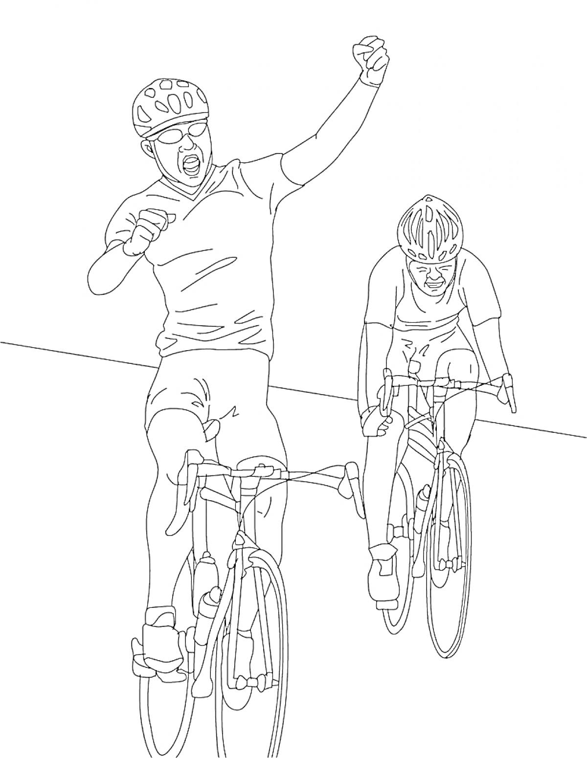 На раскраске изображено: Велосипед, Финиш, Спорт, Соревнования, Линии, Гонки, Шлемы