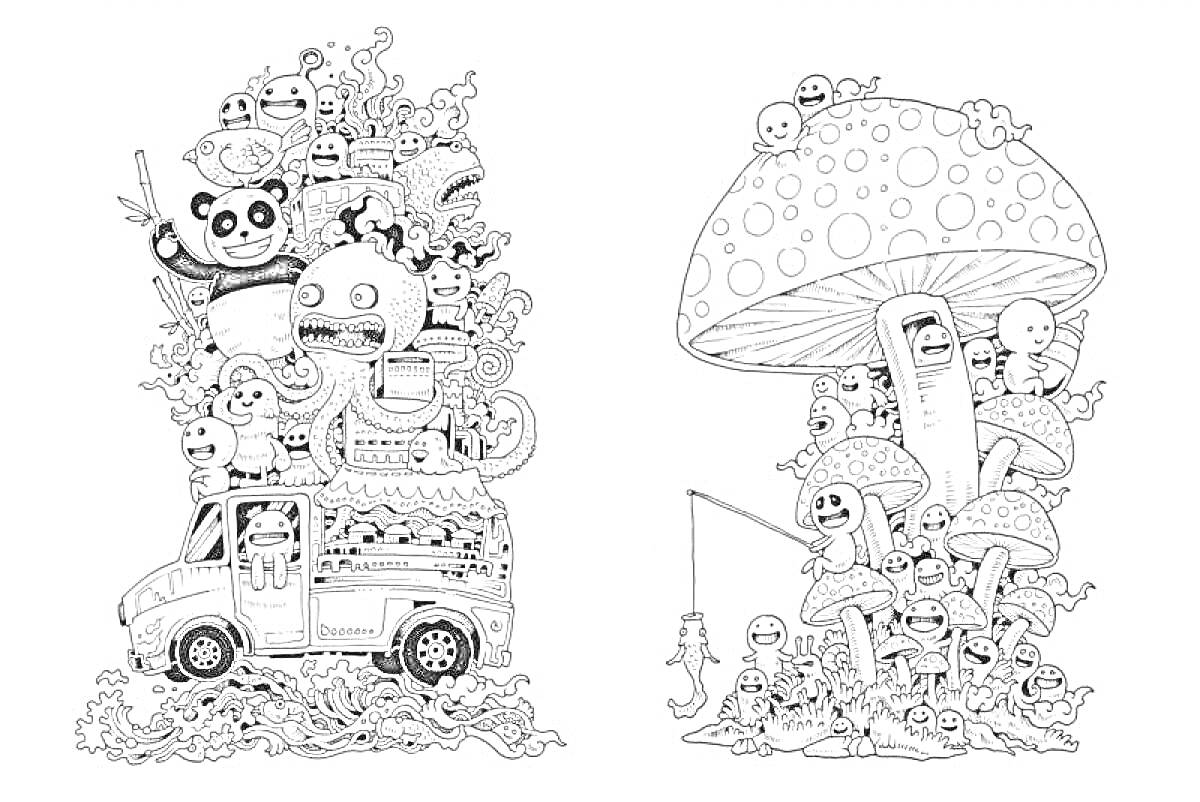 Раскраска Панда с палочками, забитый грузовик с существами, большое улыбающееся существо, жираф, гриб с лицами, существами и удочкой