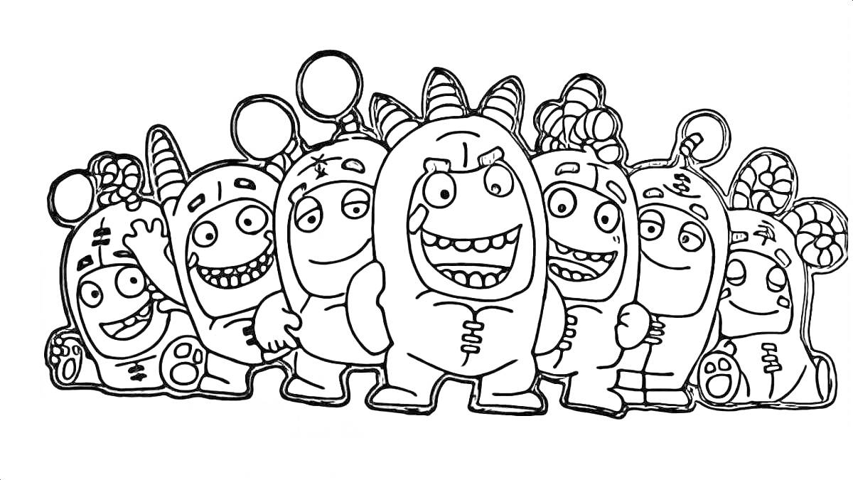 Раскраска Группа радужных друзей монстров, все персонажи в центре изображения с различными рогами и улыбками