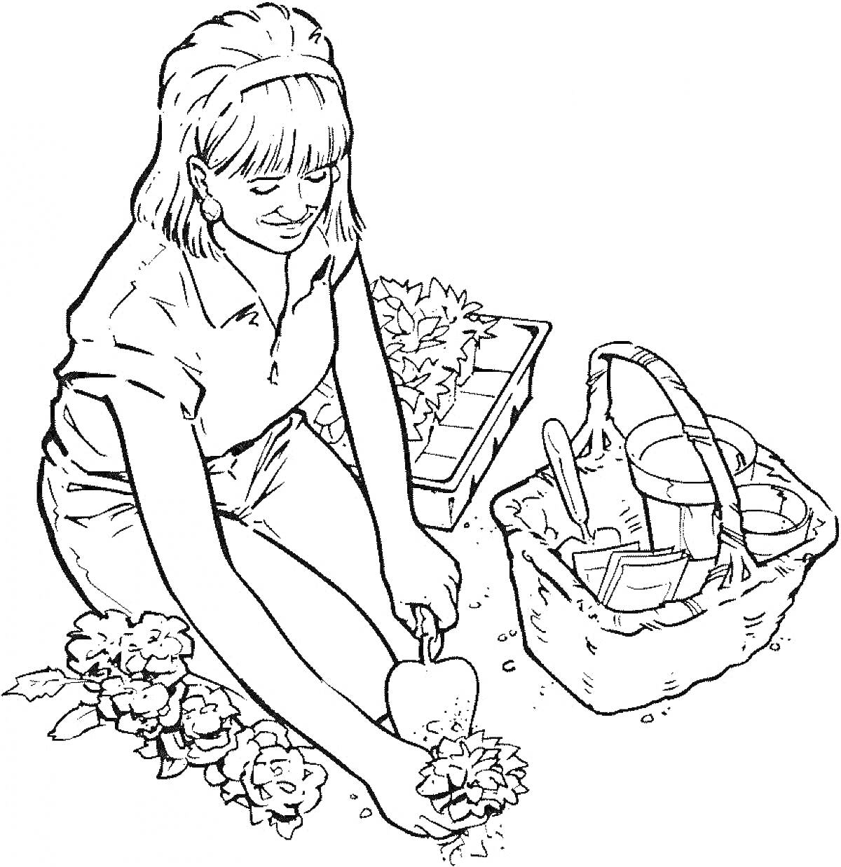 Девушка сажает цветы в саду с корзиной для садоводства