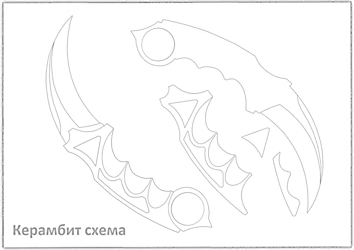 Раскраска Керамбит схема с двумя ножами с изогнутыми клинками и кольцевыми рукоятками, украшенные треугольным узором