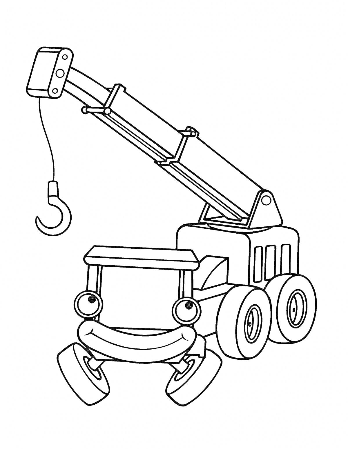 Раскраска Подъемный кран с улыбающимся лицом и крюком