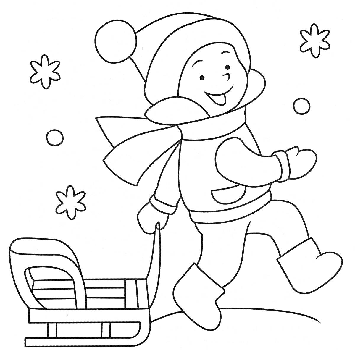 Раскраска Ребенок в зимней одежде с санками, снеговик и снежинки