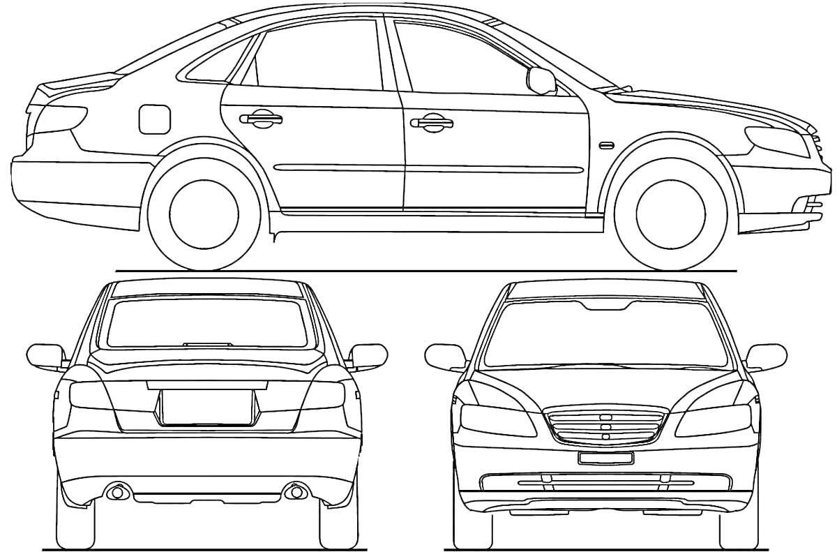 Раскраска Три проекции Hyundai Elantra: боковая, задняя и передняя