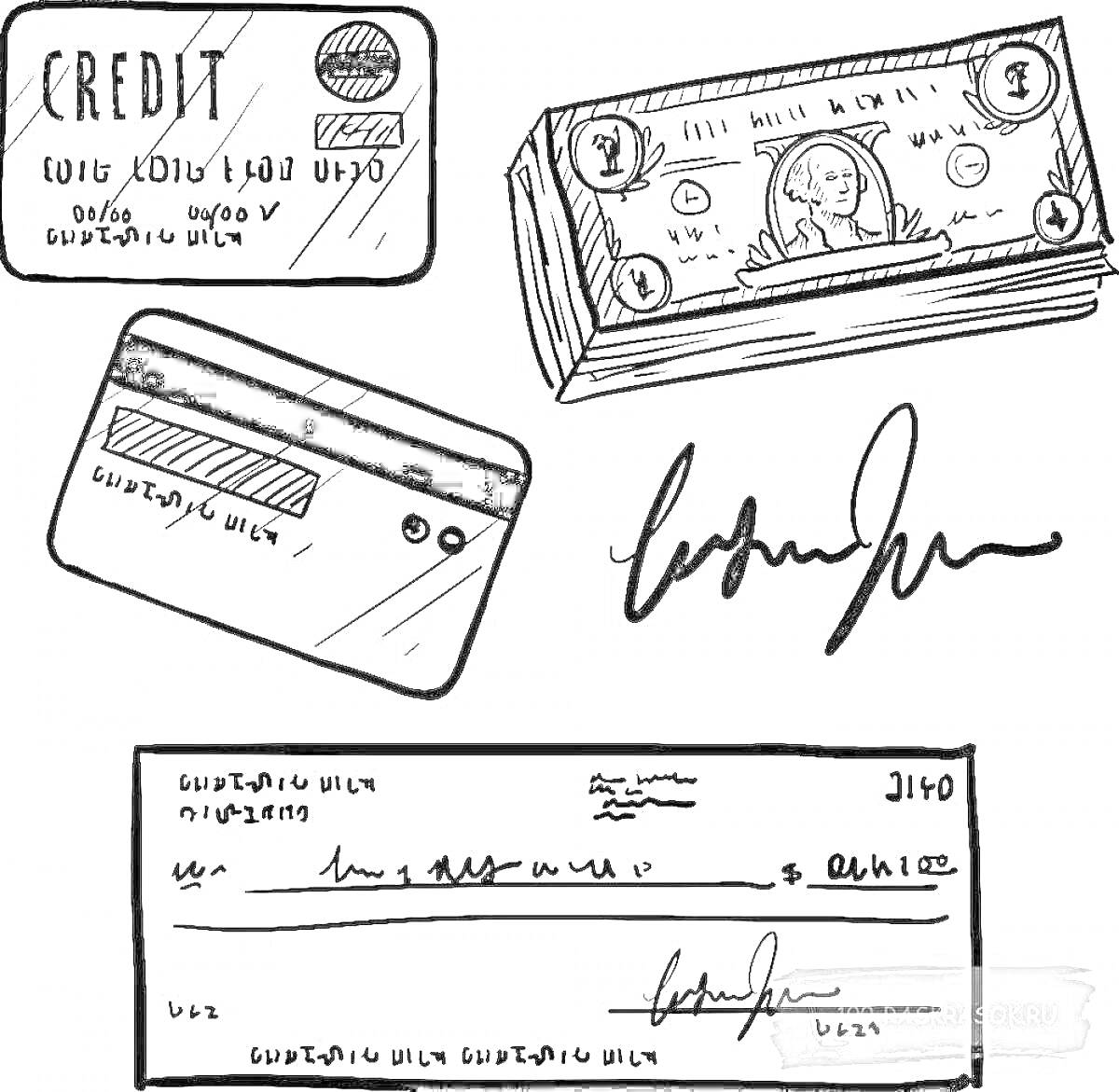 На раскраске изображено: Финансы, Банк, Деньги, Карточки, Чек, Подпись, Кредитная карта, Валюта