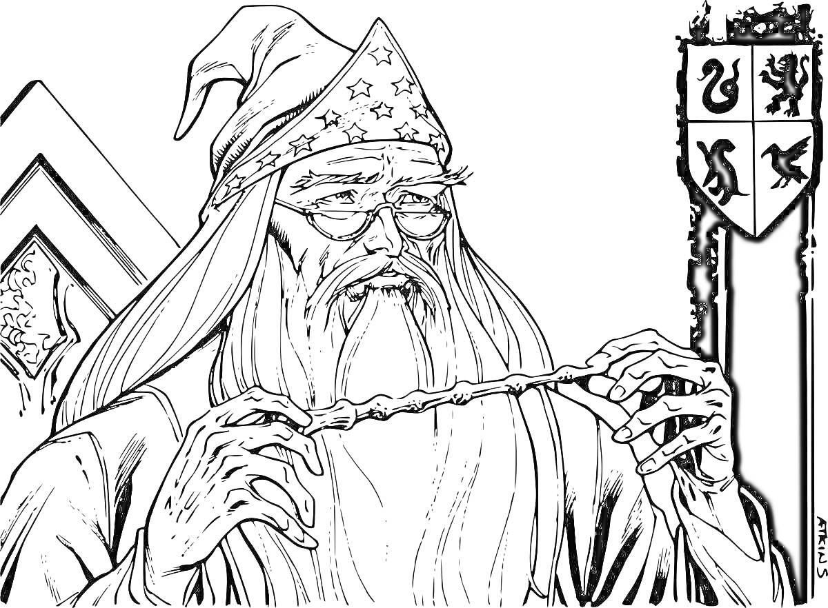 На раскраске изображено: Волшебник, Длинная борода, Очки, Абстрактный узор, Фэнтези