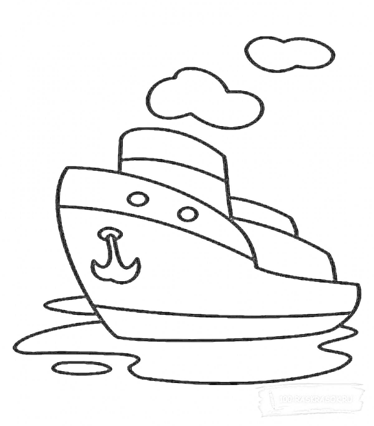 На раскраске изображено: Корабль, Для малышей, Облака, Волны, Море, Транспорт, Пароход