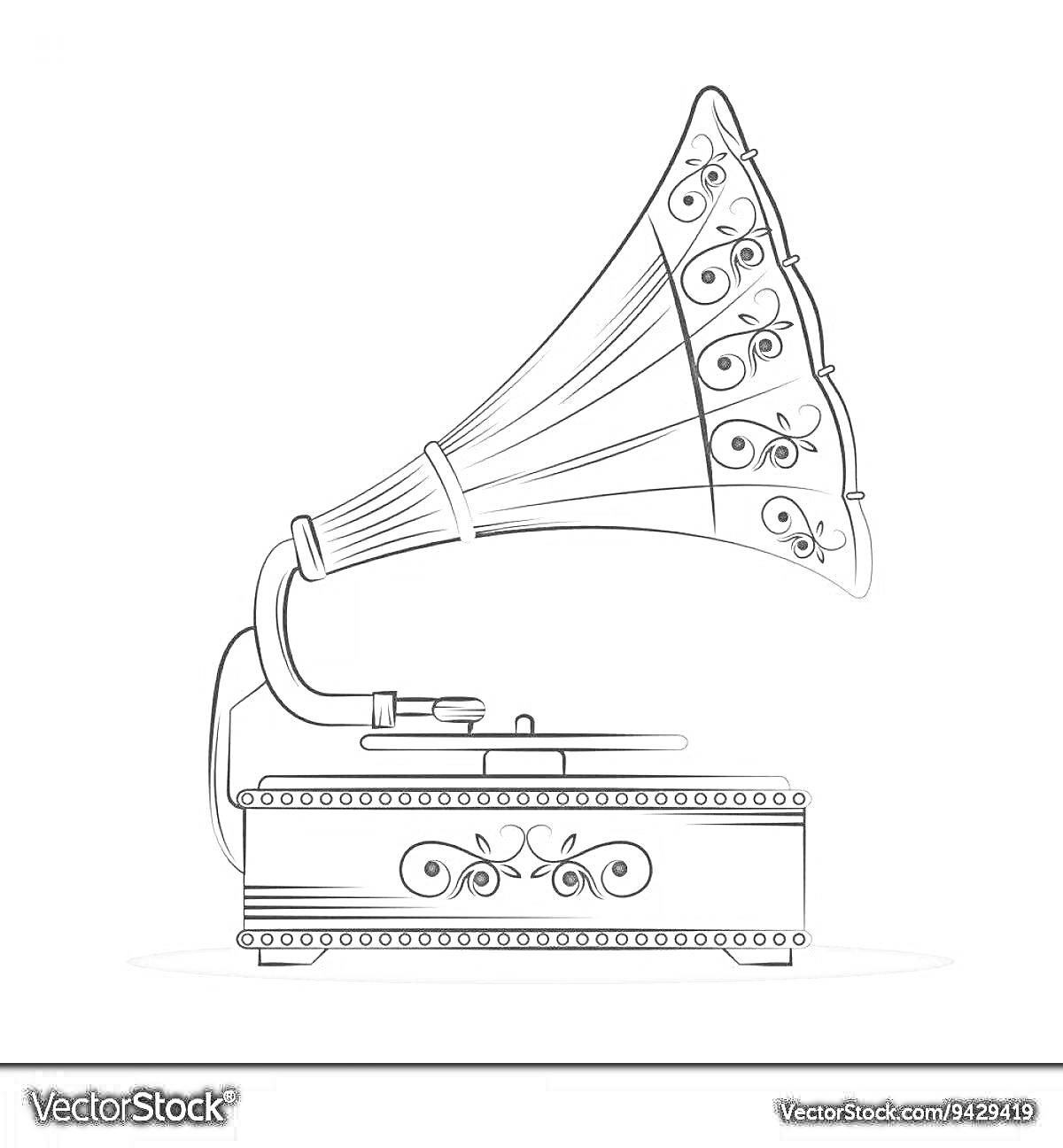 Раскраска граммофон с цветочным узором на раструбе и декоративными элементами на корпусе