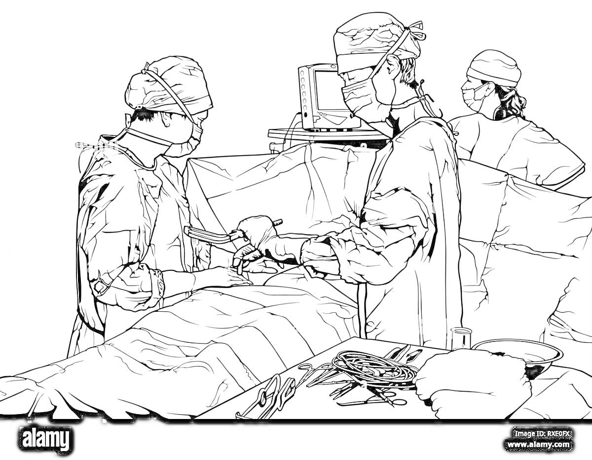 Операционная: хирурги в процессе операции, медицинское оборудование, операционный стол, монитор, хирургические инструменты, медсестра