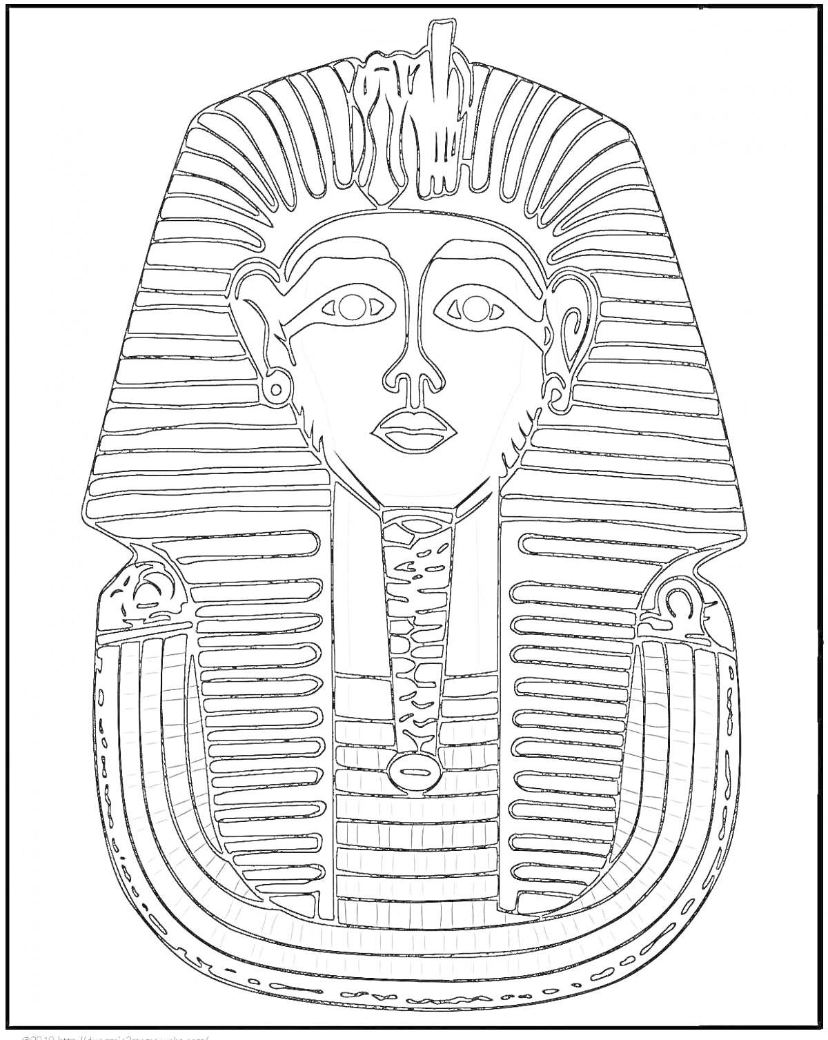 Раскраска Раскраска древнеегипетского фараона в ритуальном головном уборе с полосатым шарфом и украшениями
