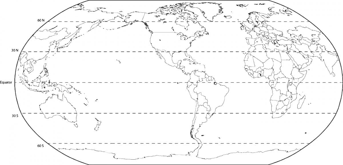 На раскраске изображено: Карта мира, Экватор, Параллели, Континенты, Океаны, География, Широта, Мировая карта