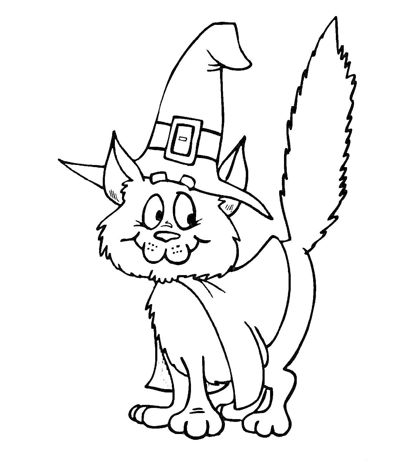 Раскраска Кошка в ведьминой шляпе и с плащом