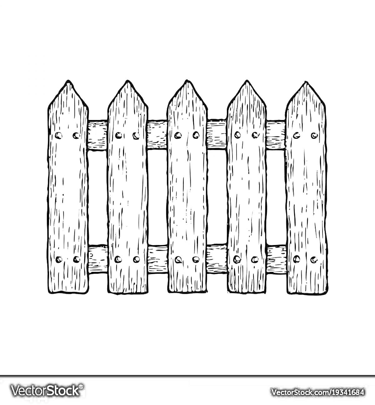Раскраска Деревянный забор (пять досок, соединенные двумя горизонтальными перекладинами, на каждой доске два гвоздя)