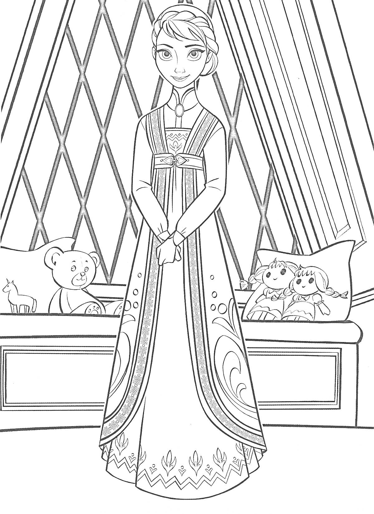 Раскраска Девушка в длинном платье, стоящая перед окном, справа на подоконнике игрушки медведь и куклы