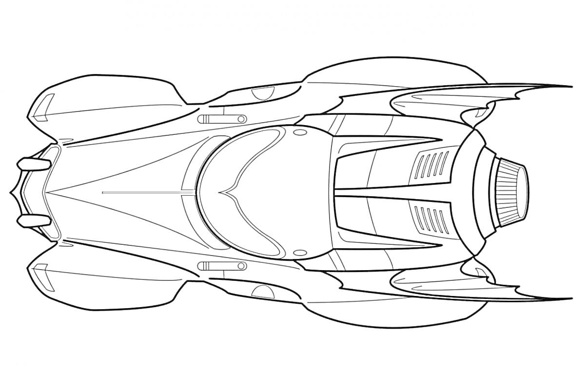 Вид сверху на бэтмобиль с видимыми элементами дизайна, включая кабину, корпус и детали двигателя