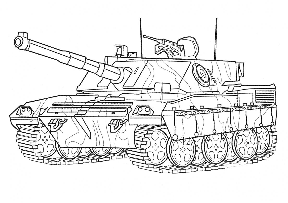 Российский танк с пушкой, пулеметом и камуфляжной окраской на гусеницах
