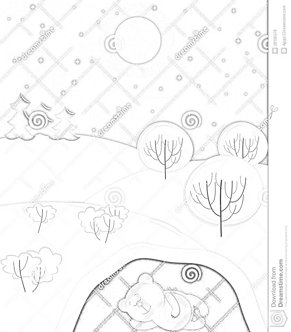 На раскраске изображено: Медведь, Зима, Сон, Берлога, Ночь, Звезды, Луна, Лес, Деревья, Холмы, Снег