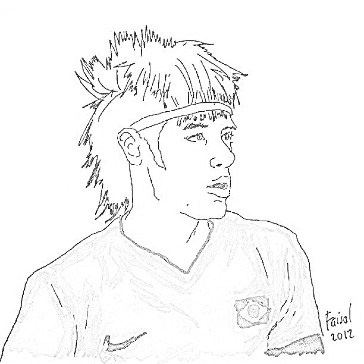 Раскраска Рисунок футболиста в футболке с эмблемой, с повязкой на голове и характерной прической