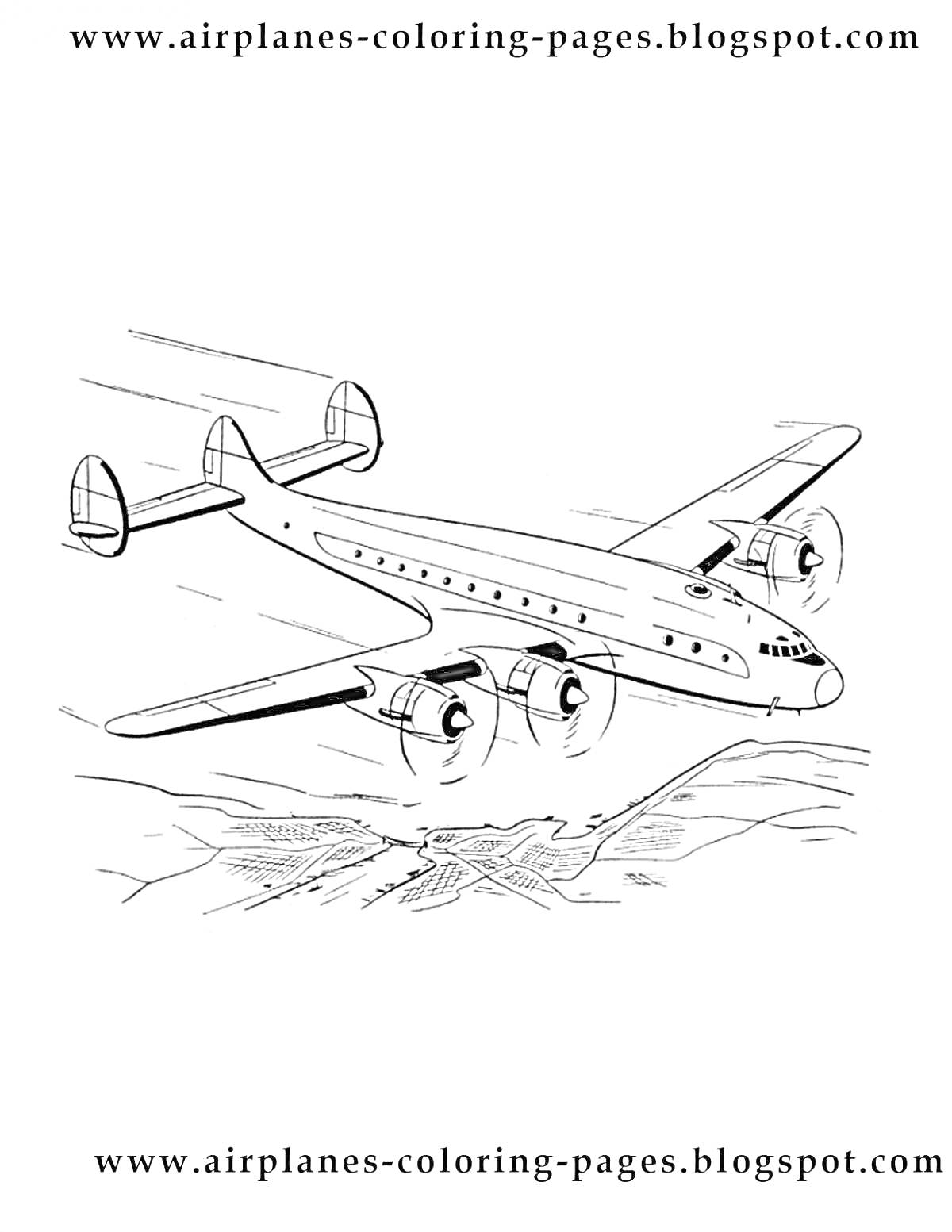 Раскраска Самолет с четырьмя двигателями летит над земной поверхностью