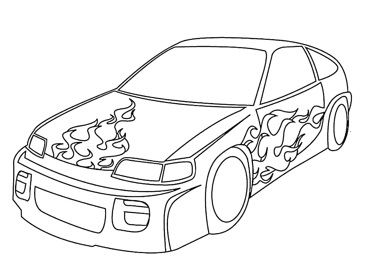 Раскраска Гоночный автомобиль с огненными узорами