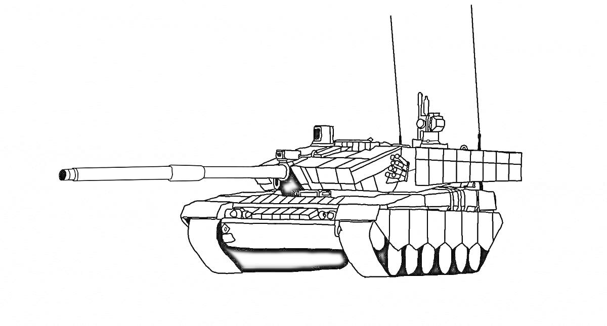 На раскраске изображено: Танк, Т-90, Военная техника, Антенны, Длинное орудие, Гусеницы, Броня