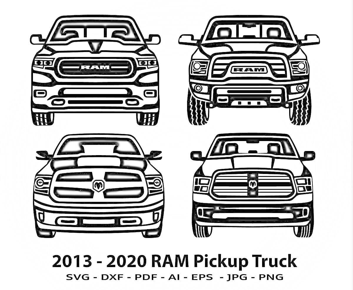 Раскраска Четыре модели Dodge Ram Pickup Truck 2013-2020 с вид спереди