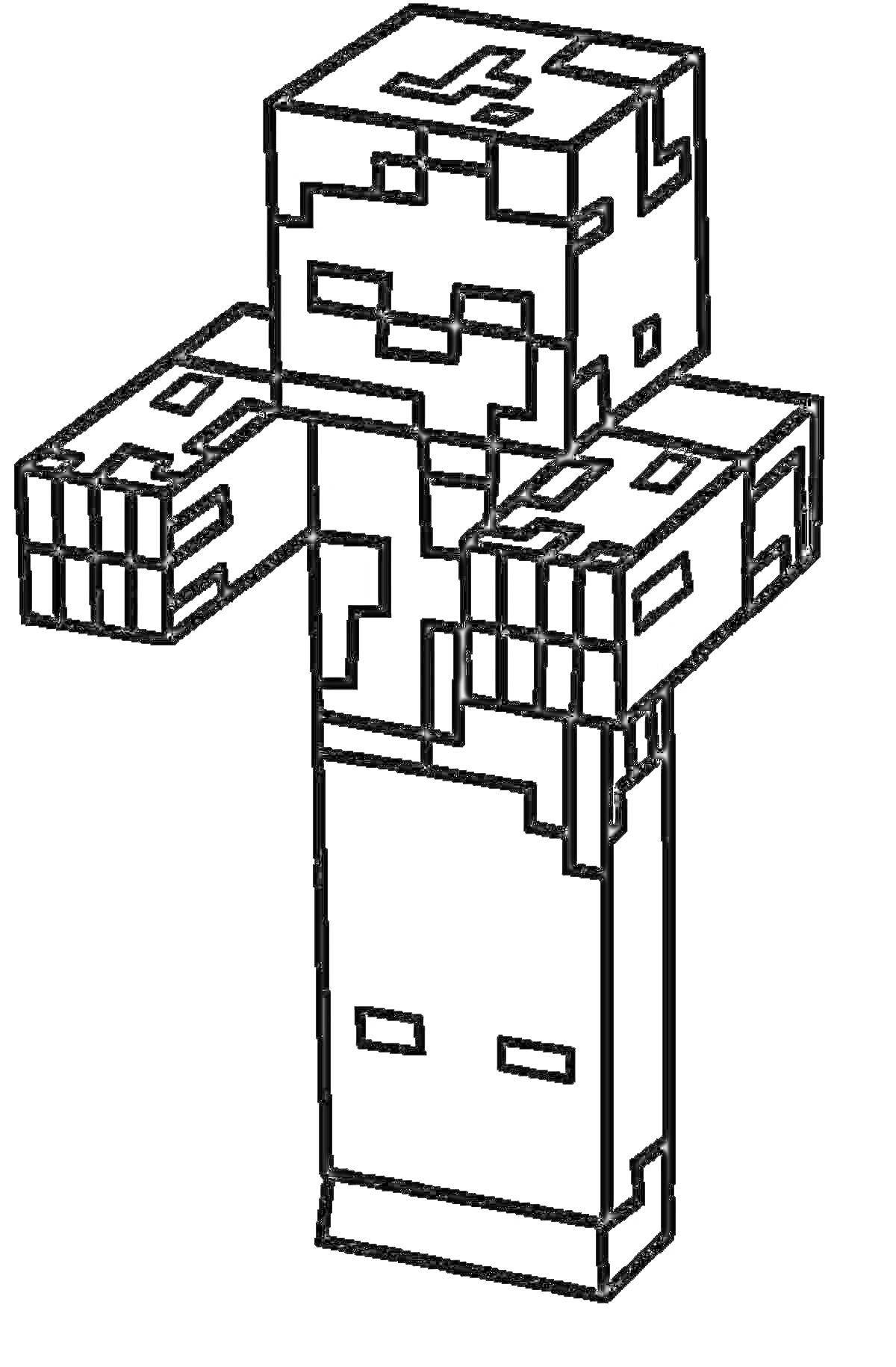 На раскраске изображено: Майнкрафт, Персонаж, Пиксельный стиль, Кубический, Поднятые руки