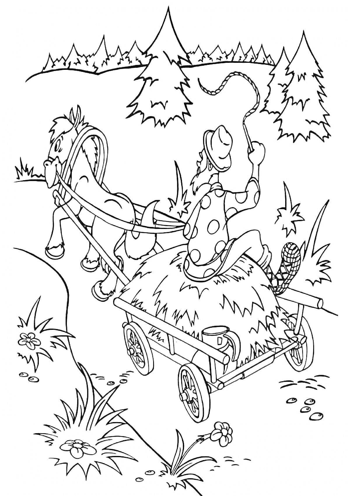 На раскраске изображено: Мужчина, Телега, Сено, Лошадь, Лес, Природа, Цветы, Трава, Деревья