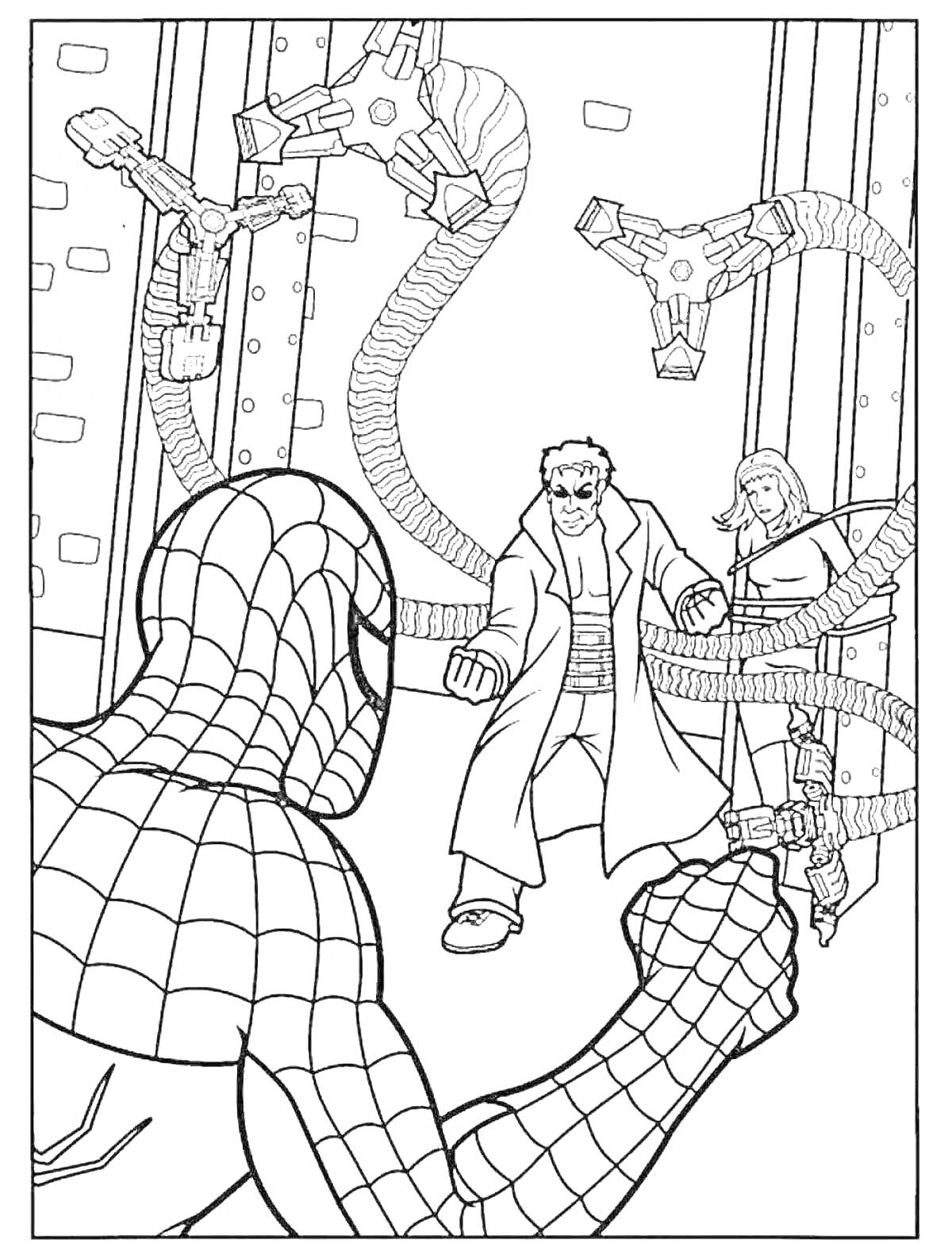 На раскраске изображено: Человек-паук, Доктор осьминог, Механические щупальца, Противостояние, Здание, Супергерои, Бой, Паутина