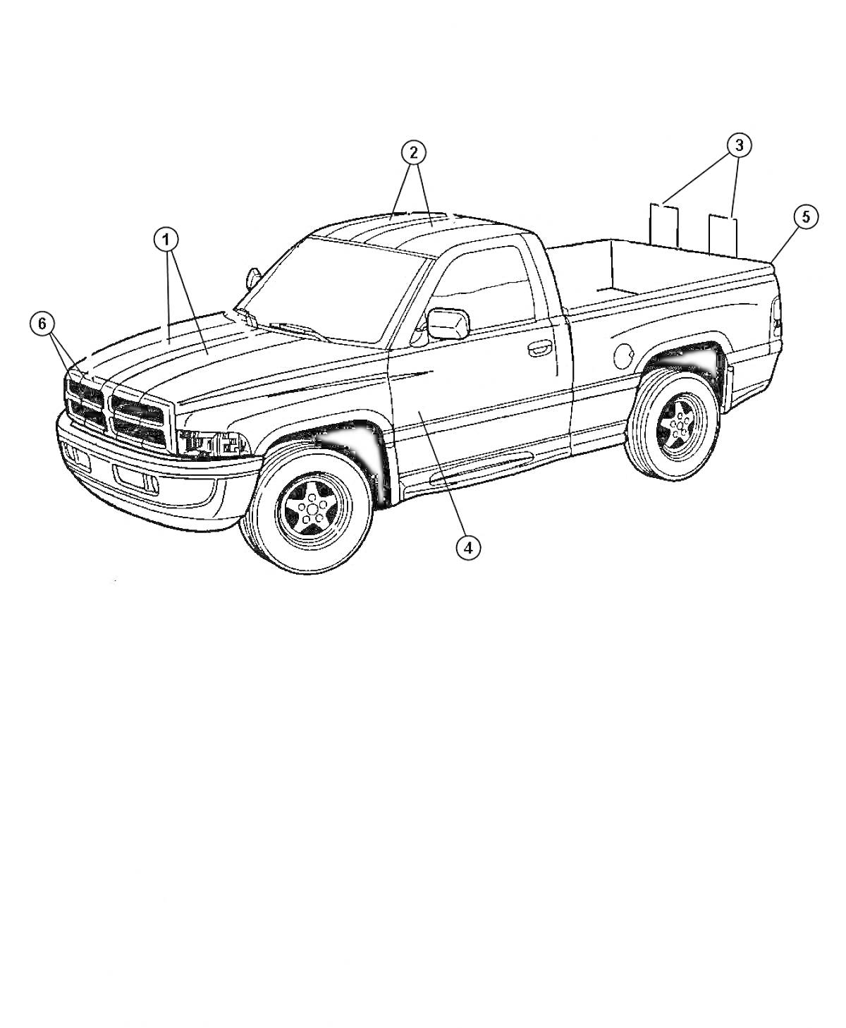 На раскраске изображено: Dodge ram, Пикап, Колёса, Кузов, Окна, Капот