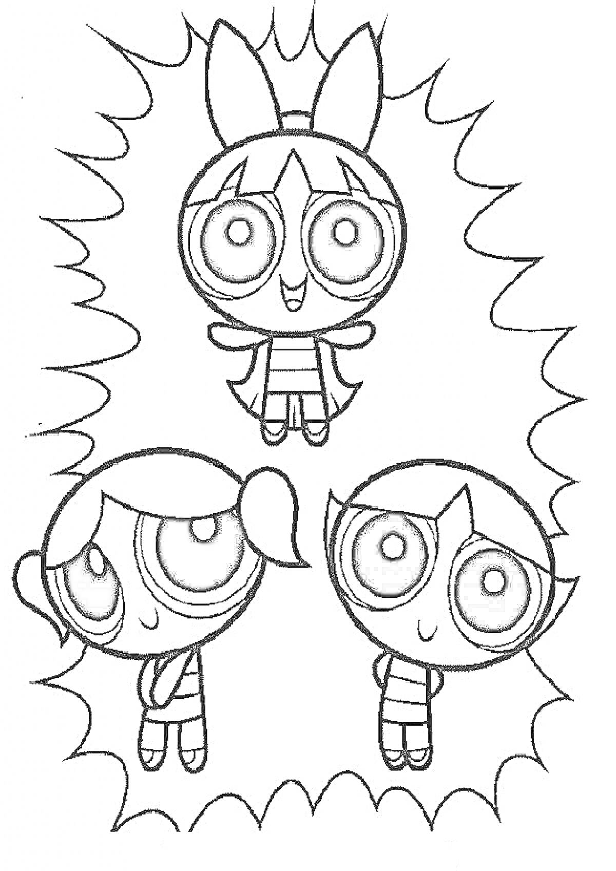 Раскраска Суперкрошки, три персонажа, окружены рамкой в виде вспышки