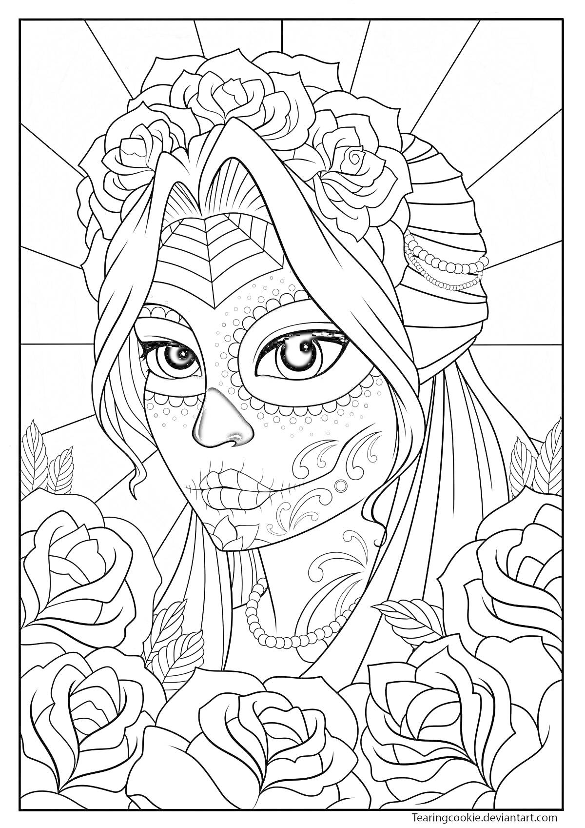 Раскраска Женщина с гримом сахарного черепа, розы в волосах, цветы вокруг лица