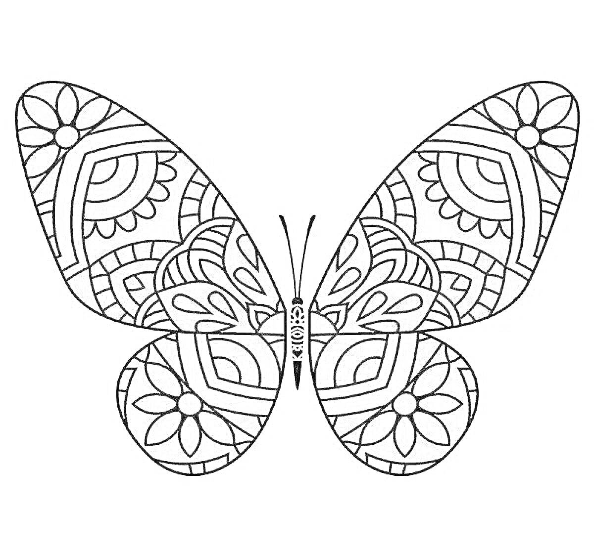 Раскраска Раскраска по номерам бабочка с узорами из цветов и геометрических фигур