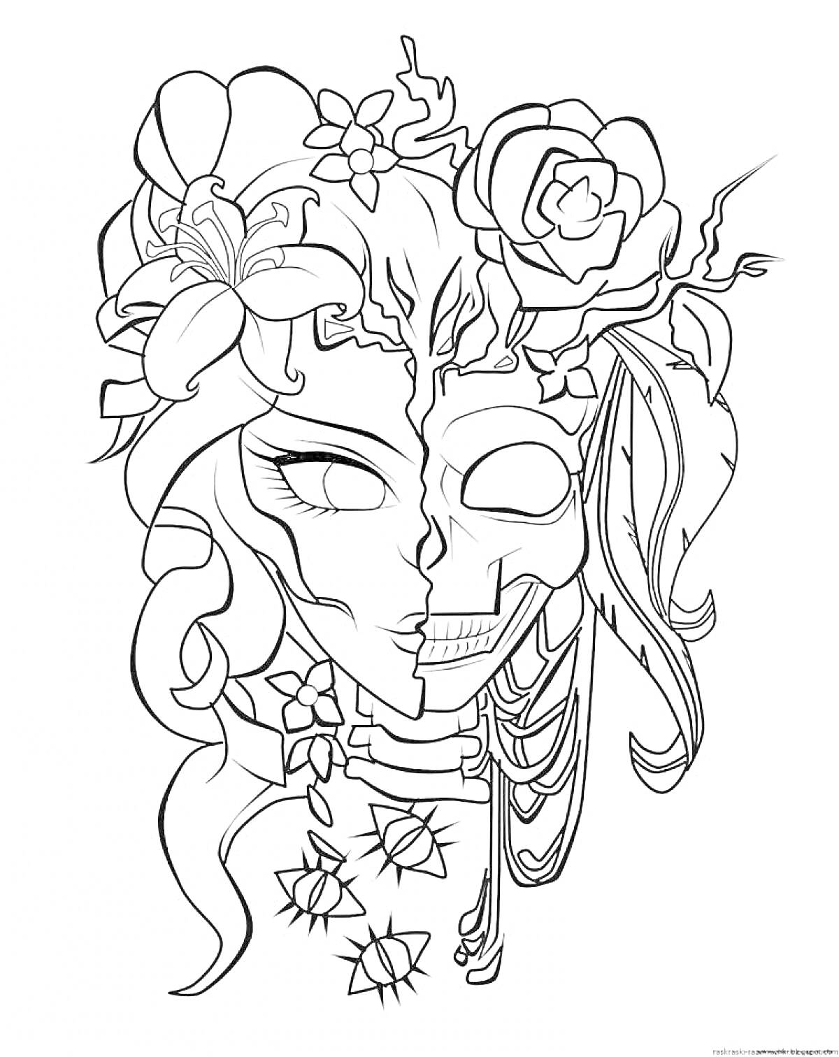 Раскраска Лицо девушки с маской, цветы, лианы